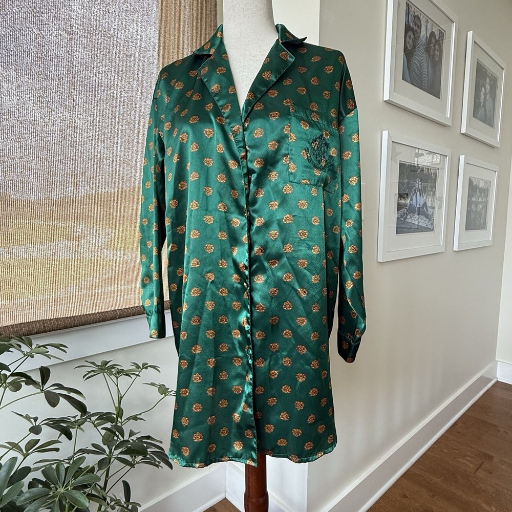 Vintage Victoria's Secret Gold Label Small Pajama Satin‎ Oversized Shirt Green